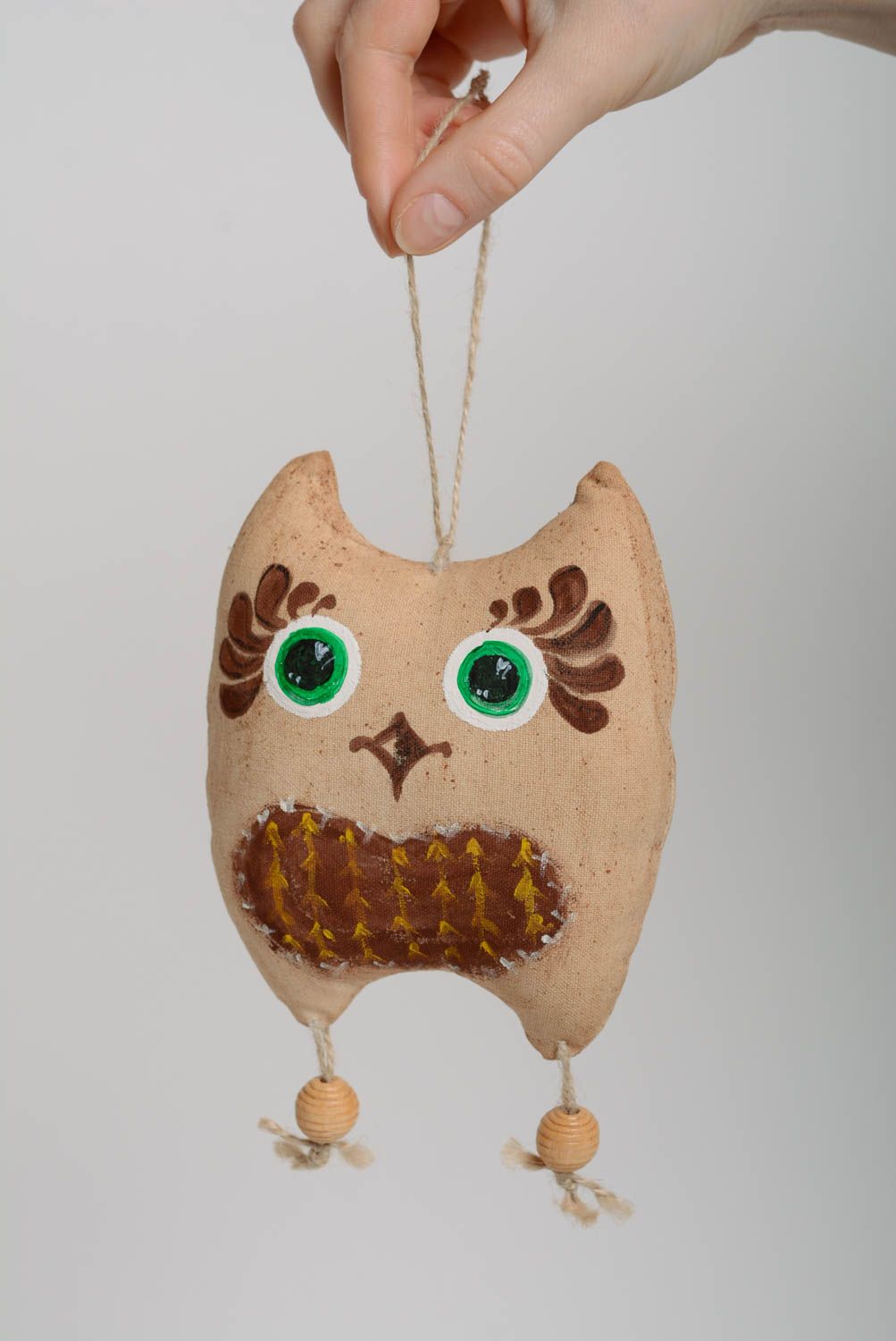 Beautiful handmade cotton fabric soft interior pendant toy painted with acrylics Owl with eyelet photo 5