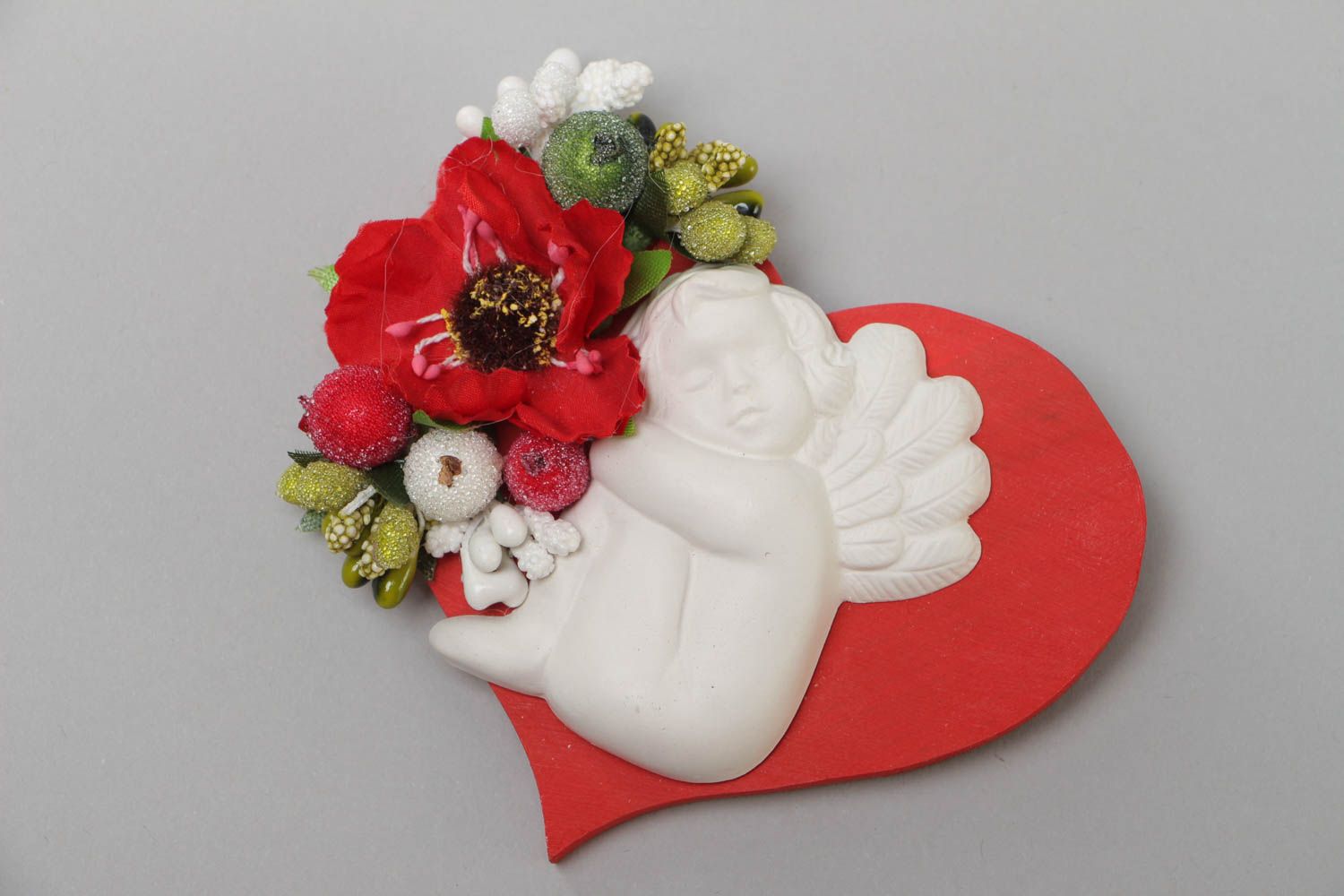 Grand magnet en bois et plâtre rouge-blanc fait main coeur ange fleurs photo 2