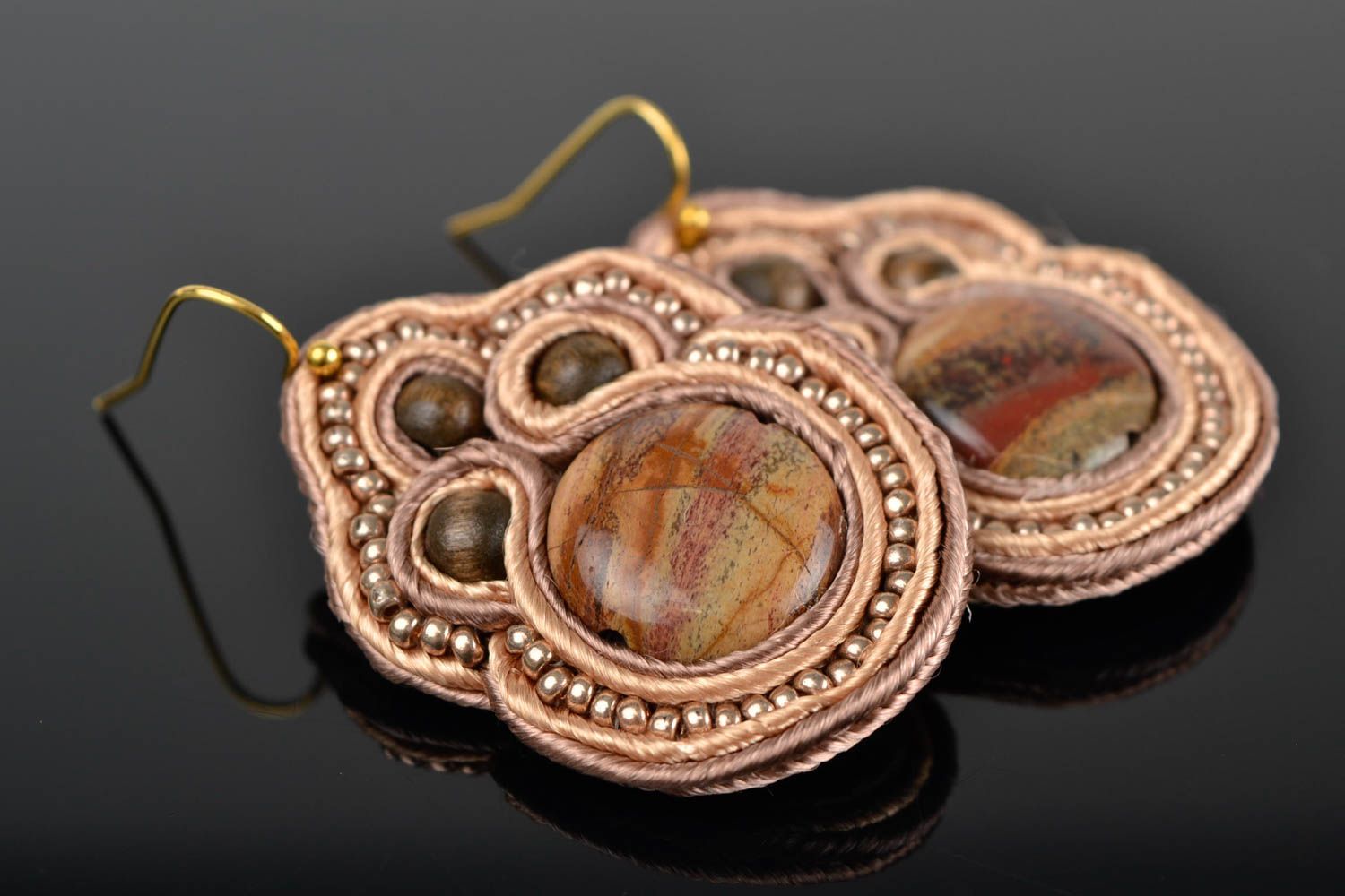 Handmade soutache earrings with natural stone unique designer bijouterie present photo 1