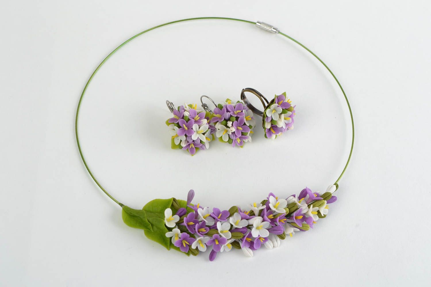 Lilac cold porcelain jewelry set 3 pieces handmade necklace ring and earrings photo 2