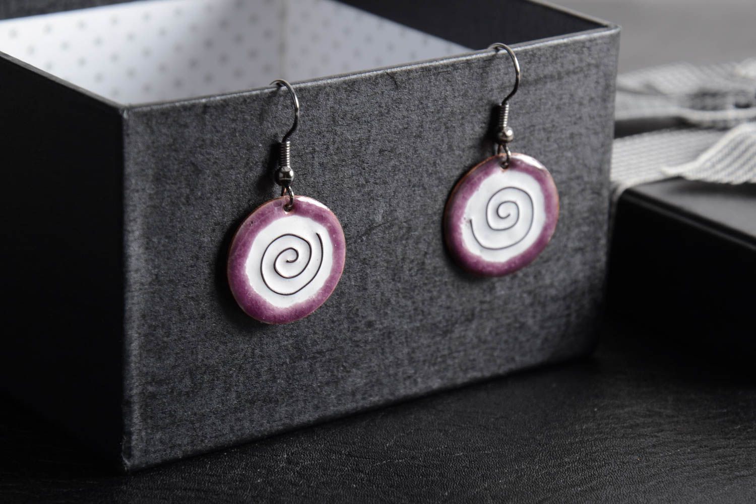Handmade copper earrings with hot enamel painting purple and white  photo 1