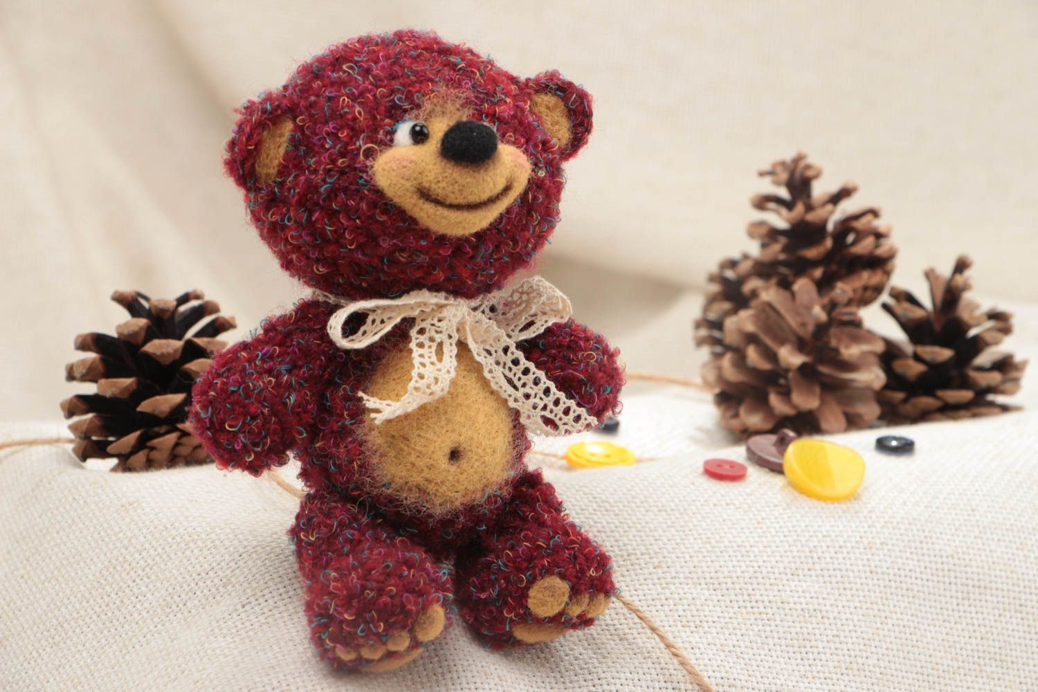 Handmade small soft toy crocheted of textures yarns and wool Bear for children photo 1
