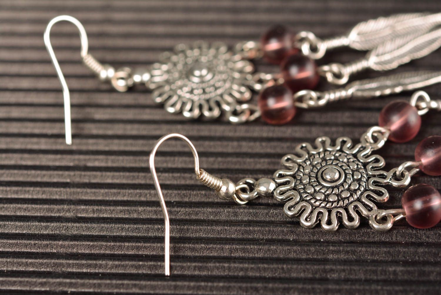 Handmade massive ethnic metal dangle earrings with small glass beads photo 4