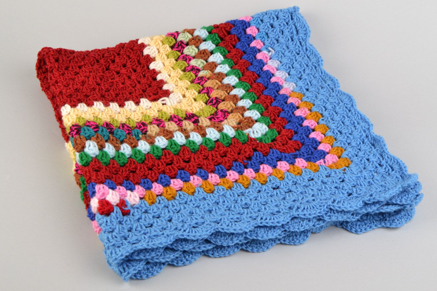 Handmade small blanket crocheted of semi-woolen colorful threads for children photo 3