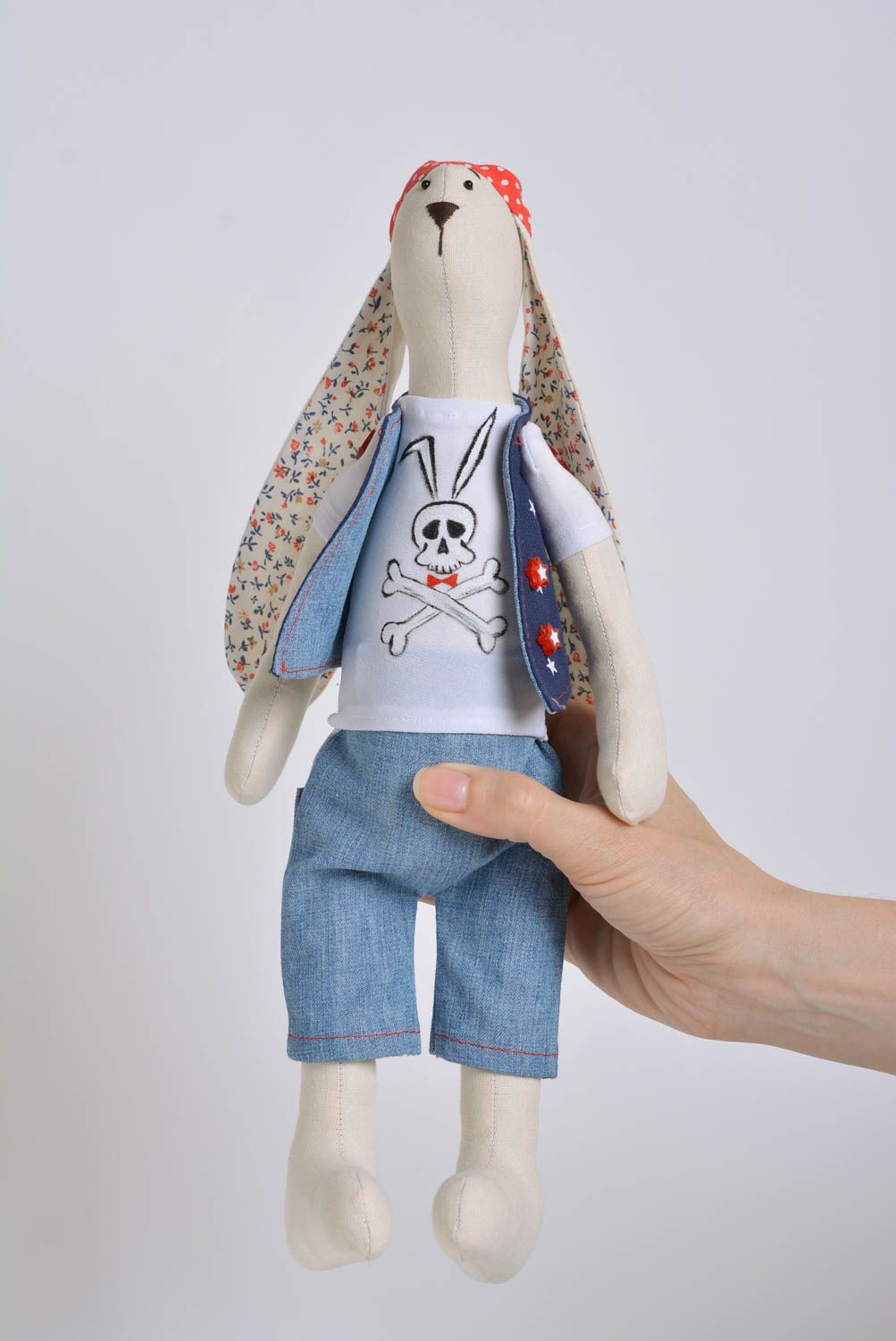Handmade designer funny cotton fabric soft toy rabbit punk rocker in bandanna photo 5