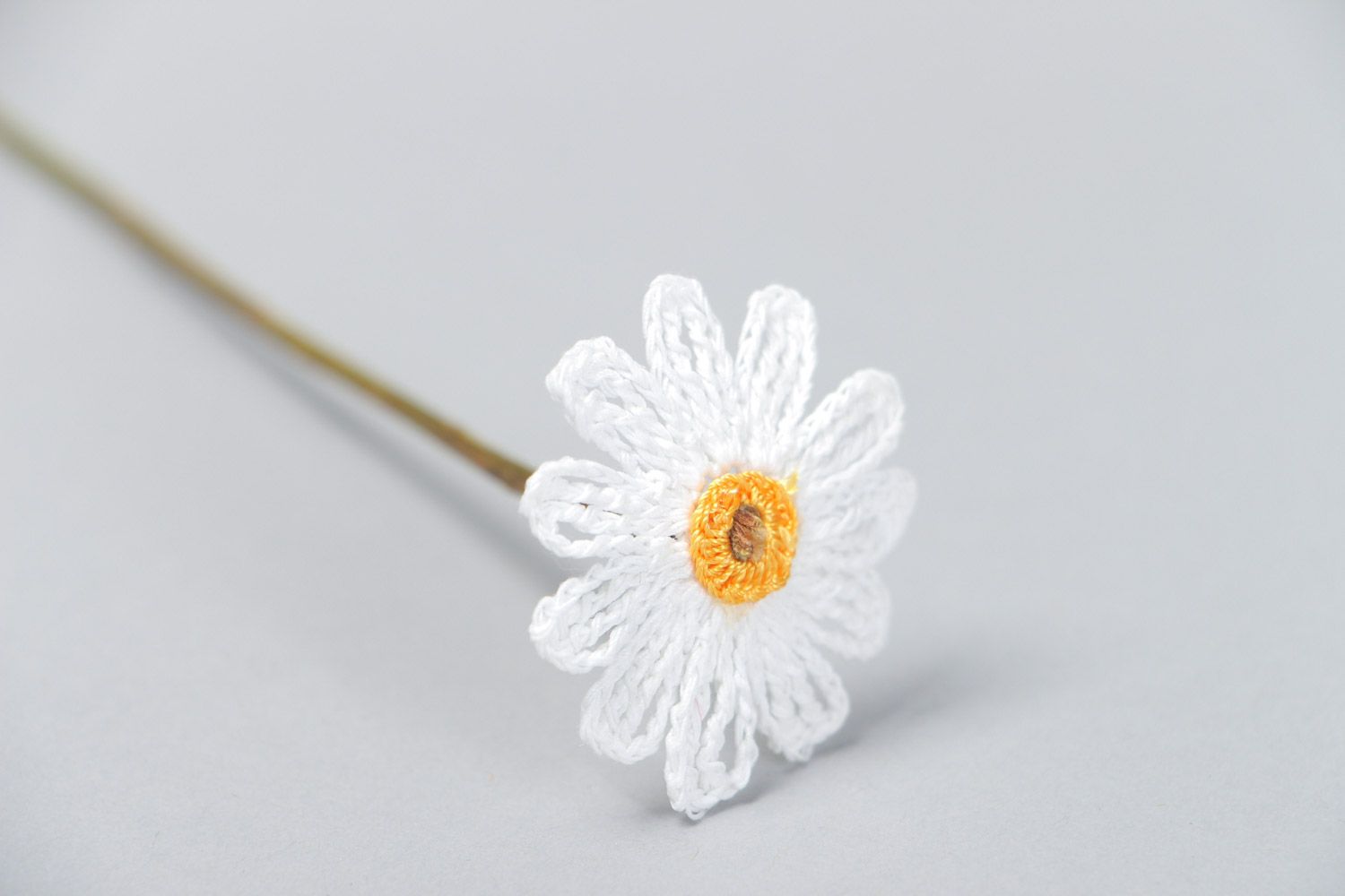 Handmade delicate artificial chamomile flower crocheted of cotton threads photo 3