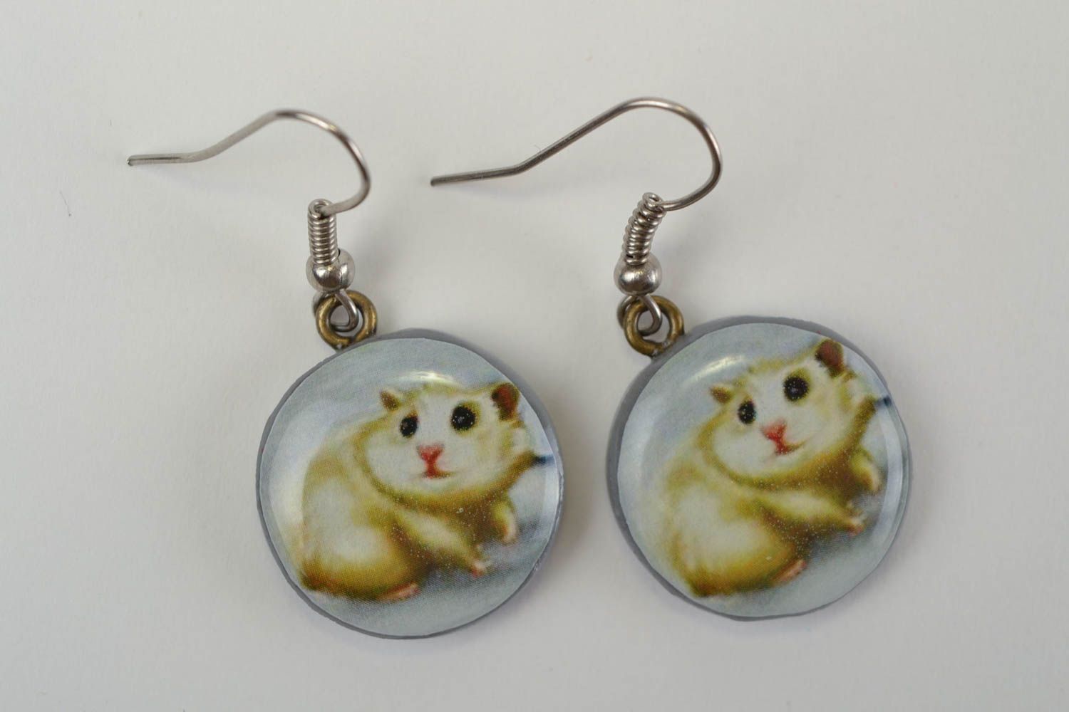 Beautiful homemade designer round plastic earrings with decoupage Hamsters photo 3