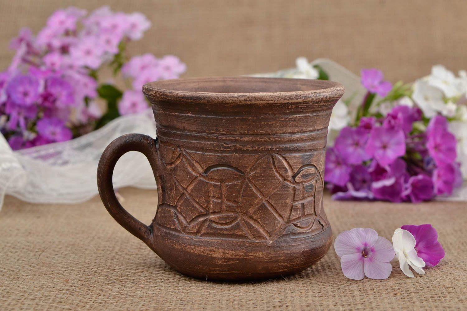 8 oz dark brown ceramic cup with handle and rustic pattern photo 1