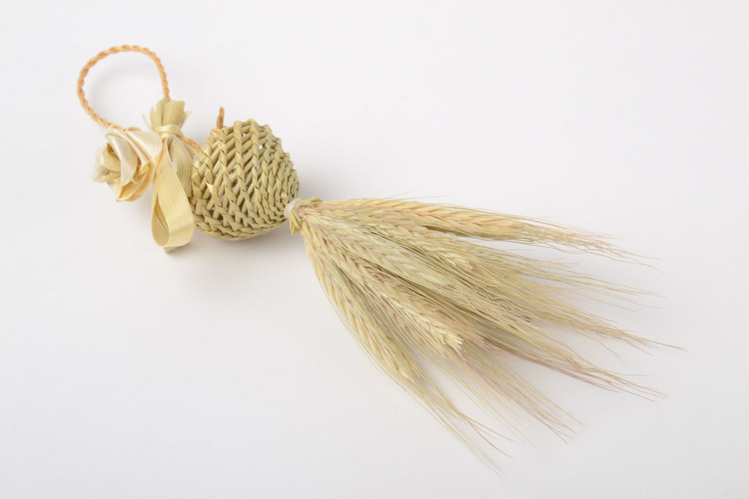 Small ethnic Christmas tree ornament woven of natural straw handmade  photo 2