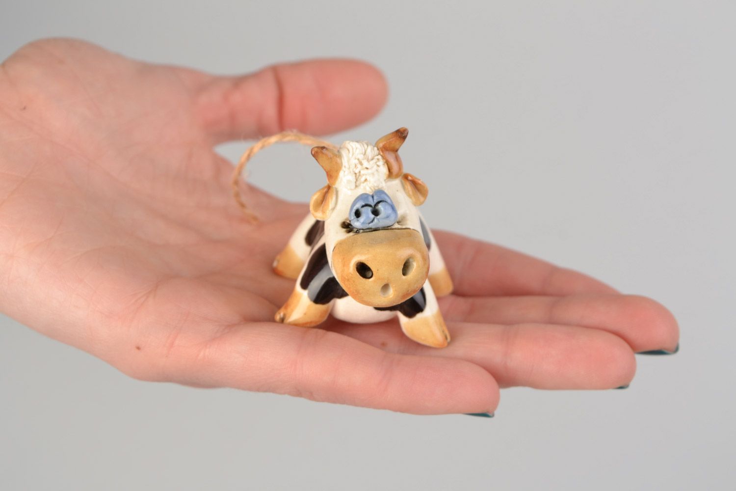 Funny handmade designer painted glazed clay figurine of cow for home decor photo 2