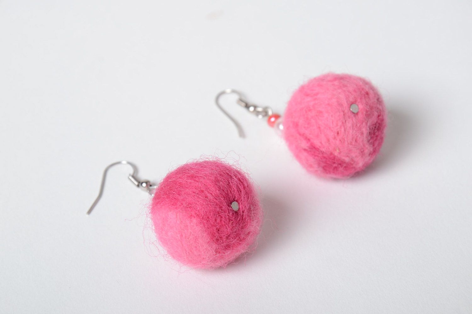 Pink soft handmade felted wool ball earrings for girls photo 4