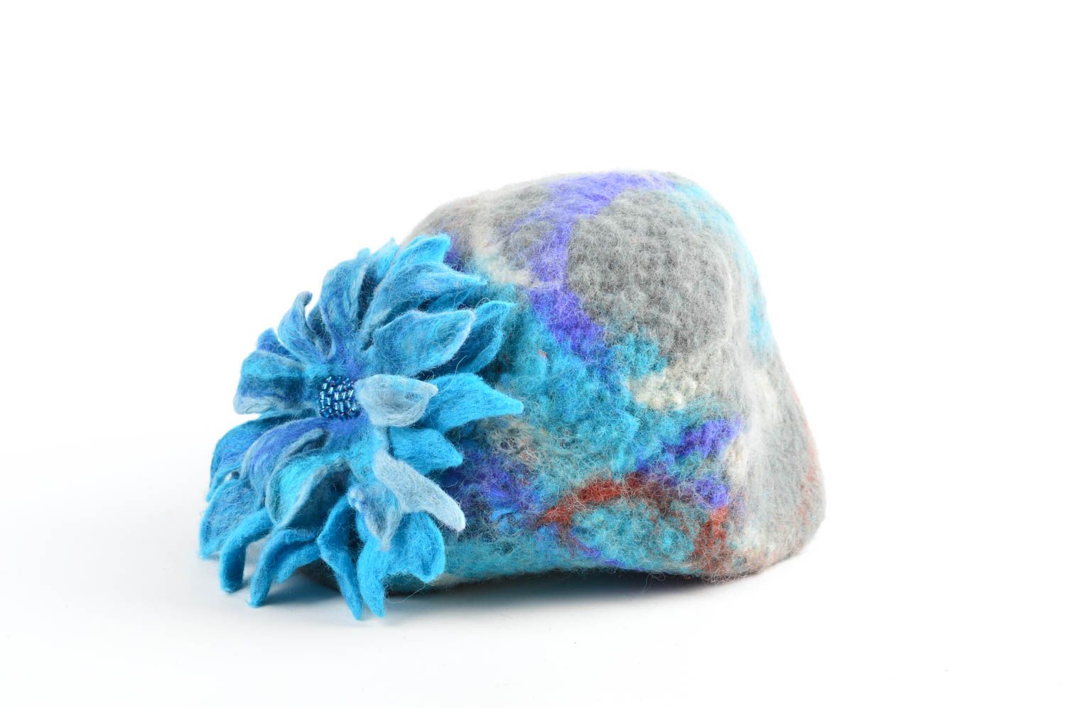 Boina de lana hecha a mano gorro de invierno con flor celeste regalo originales foto 1