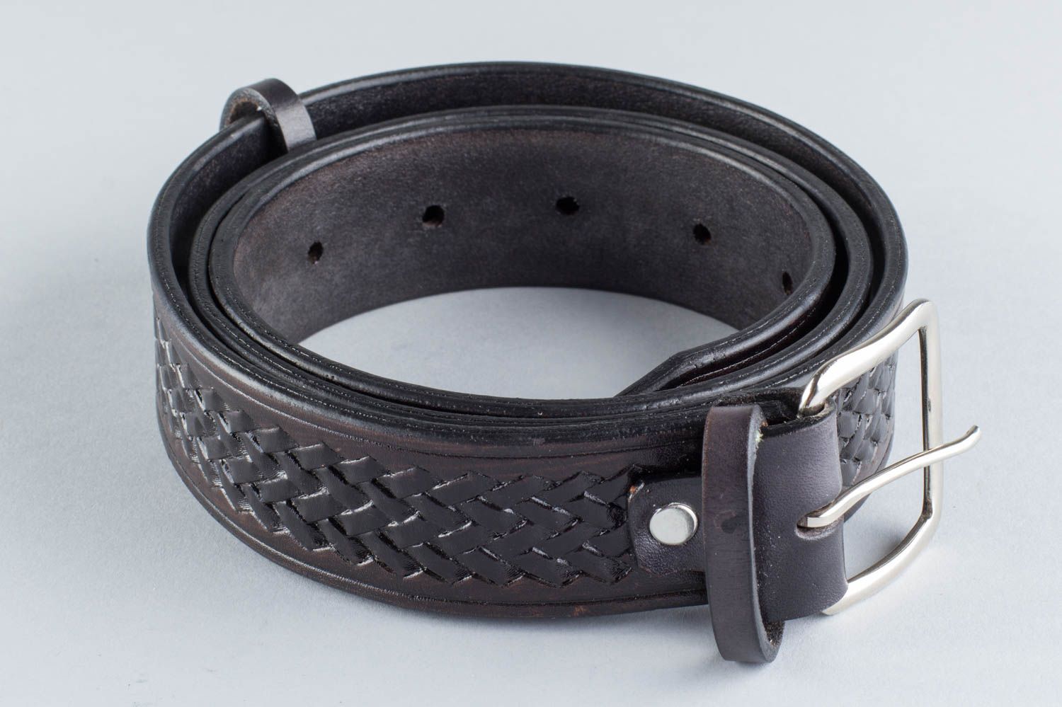 Handmade dark genuine leather men's belt with steel buckle and embossing photo 5