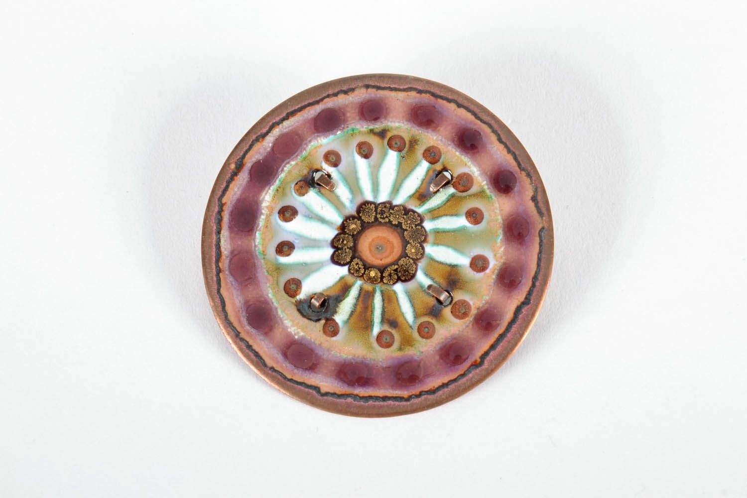 Copper brooch decorated with hot enameling photo 1