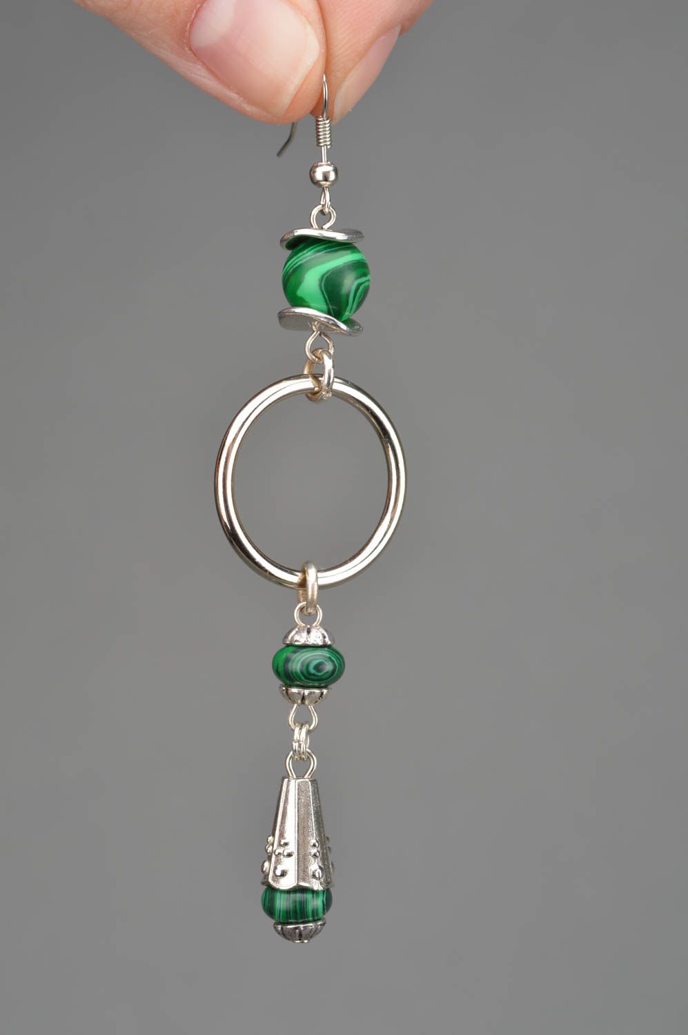 Beautiful handmade long metal hoop earrings with green beads photo 2