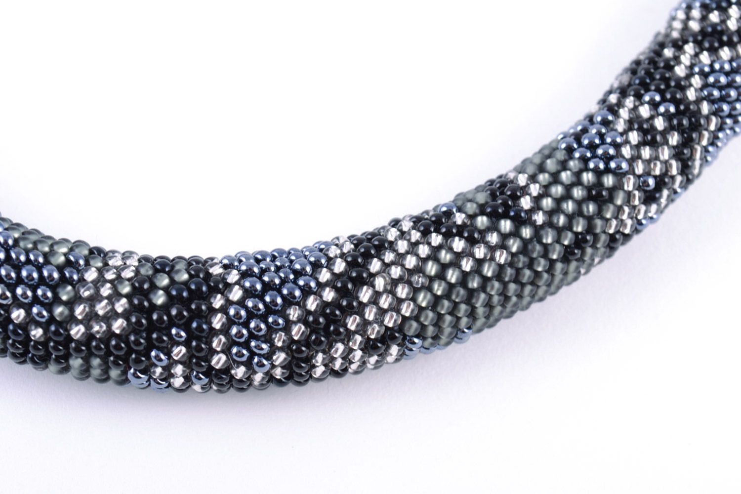 Beautiful gray handmade Czech bead cord necklace with snake print photo 3