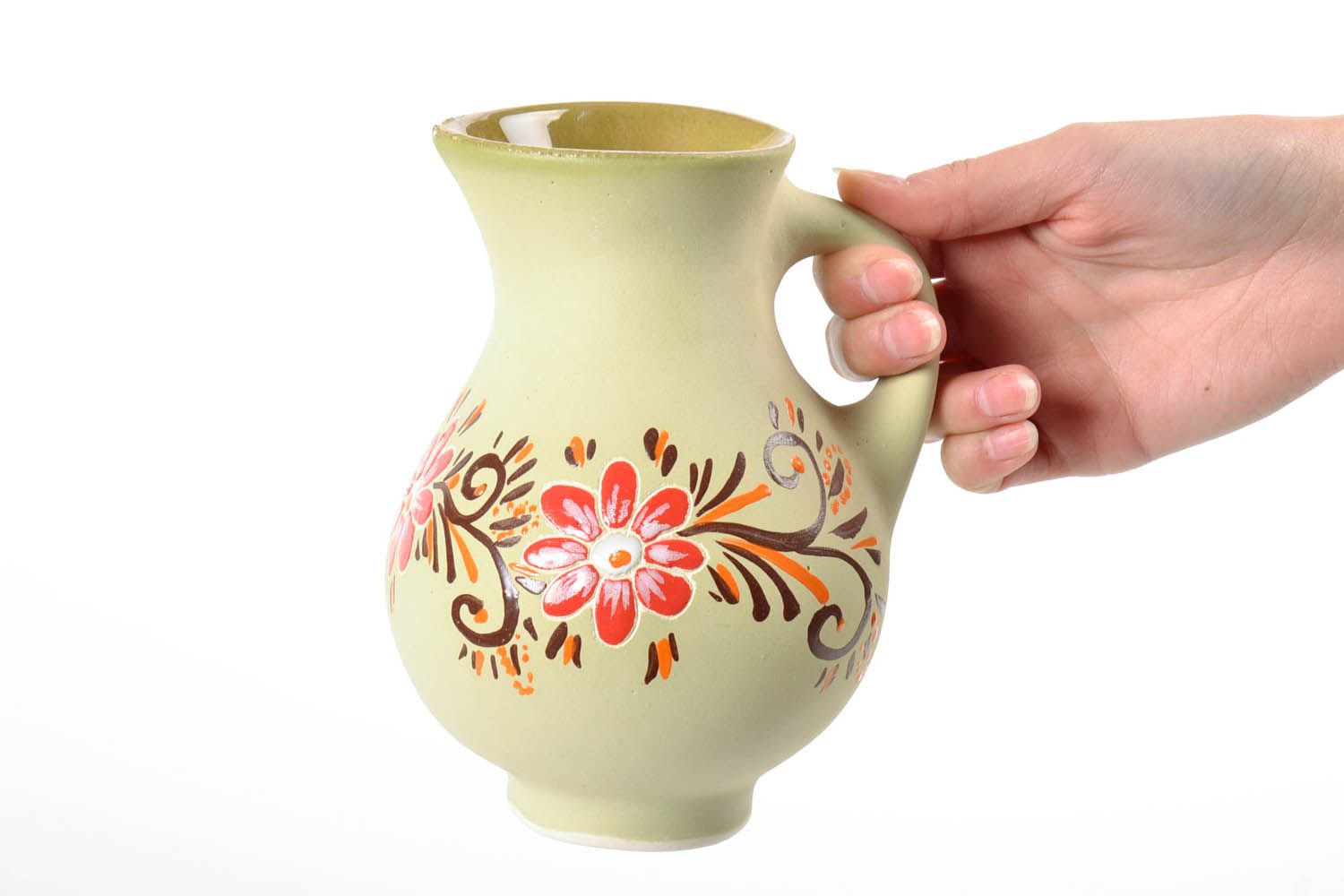 Handmade ceramic glazed milk jug with floral painting 1,26 lb photo 2