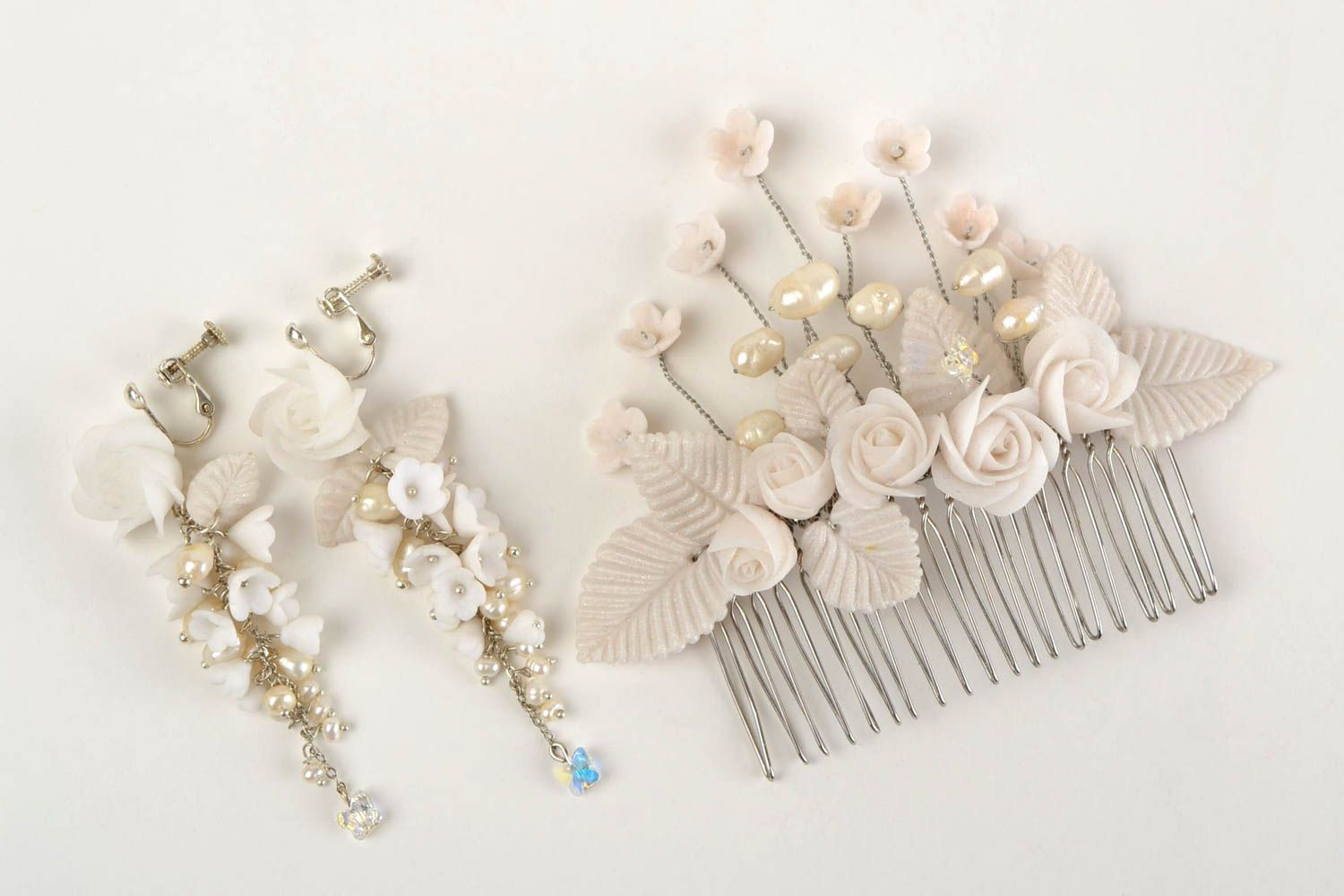 Handmade jewelry set flower hair comb dangling earrings wedding accessories photo 2