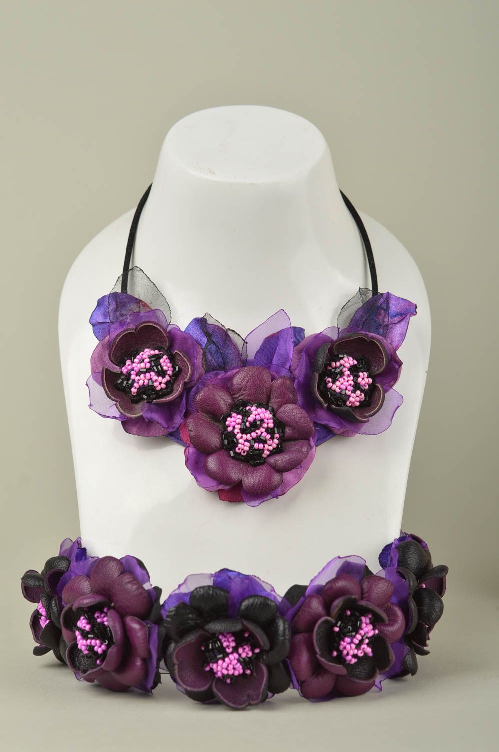 Handmade leather necklace flower hair band accessories for girls jewelry set photo 1