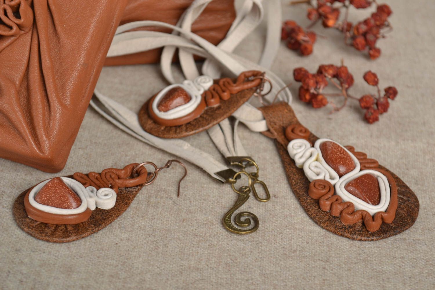 Handmade jewelry set of jewelry leather pendant leather earrings unusual gift photo 1