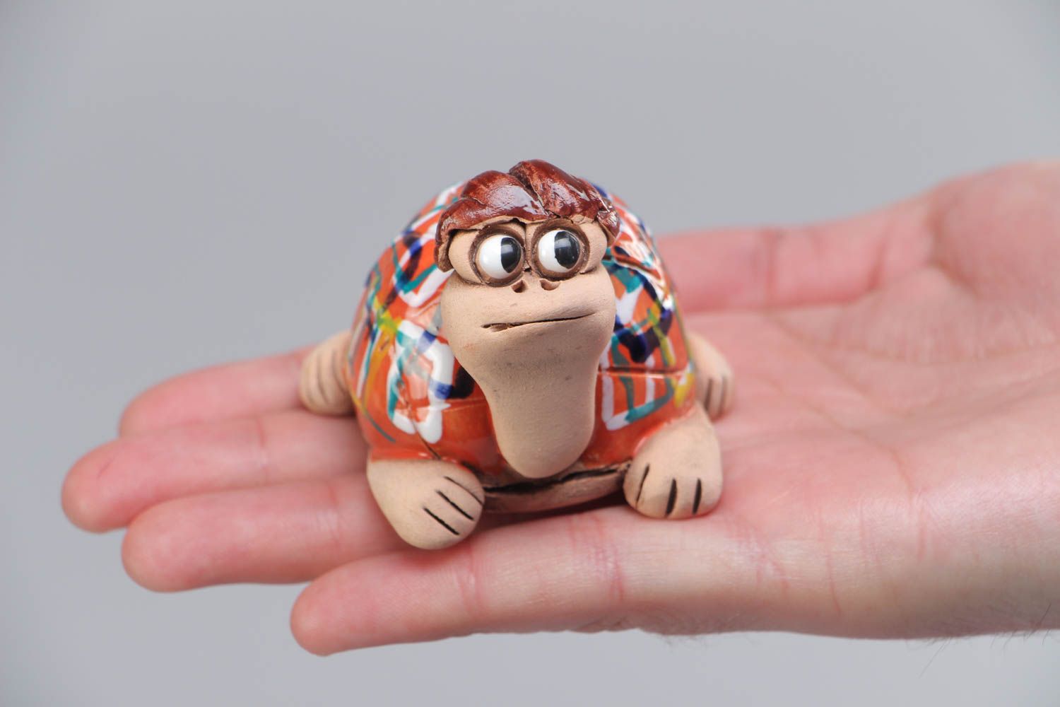 Nice small handmade ceramic statuette of turtle with painting photo 5