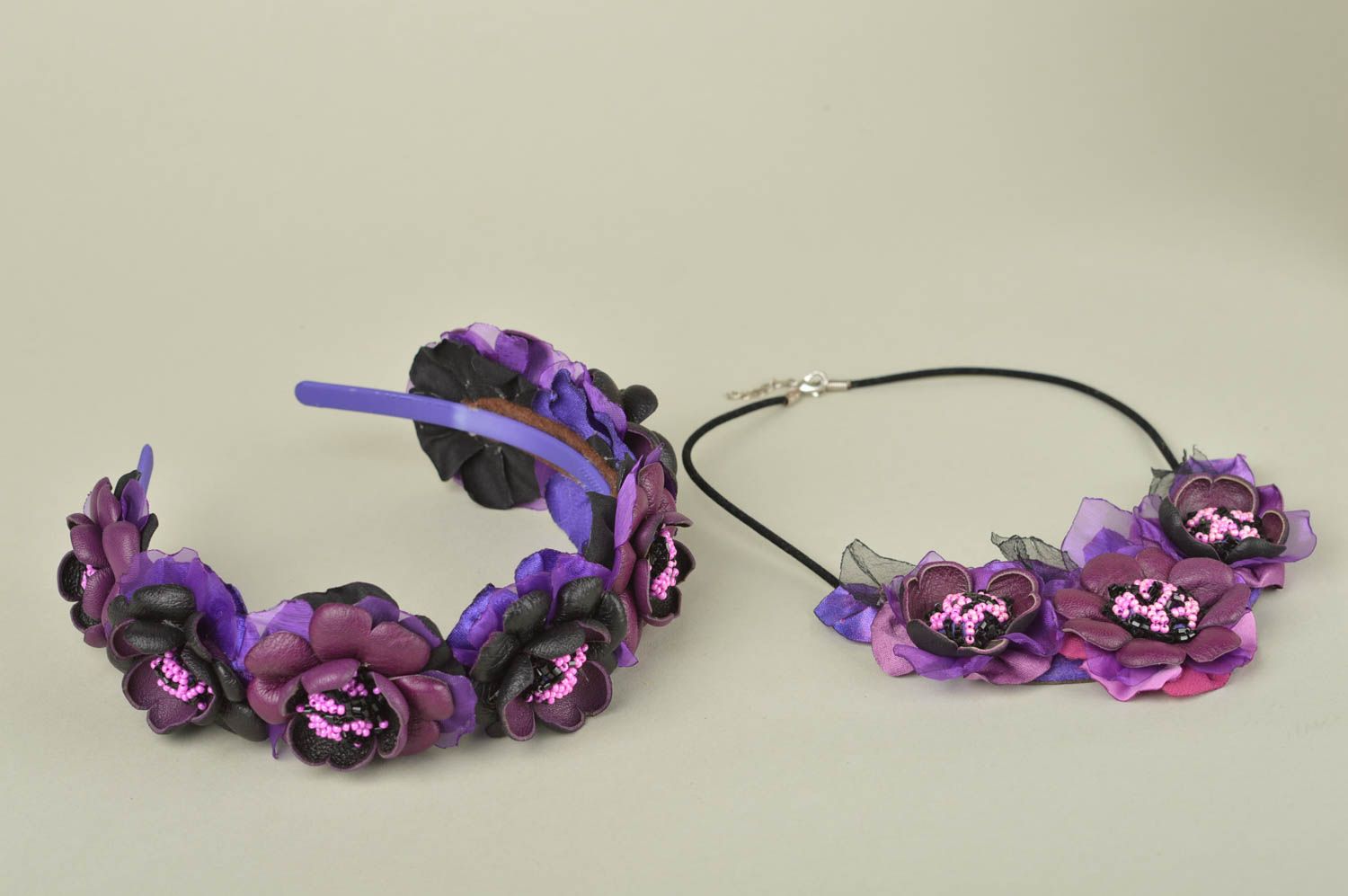 Handmade leather necklace flower hair band accessories for girls jewelry set photo 2