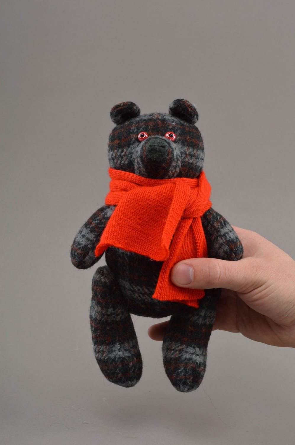 Beautiful handmade children's small checkered fabric soft toy bear in red scarf photo 4