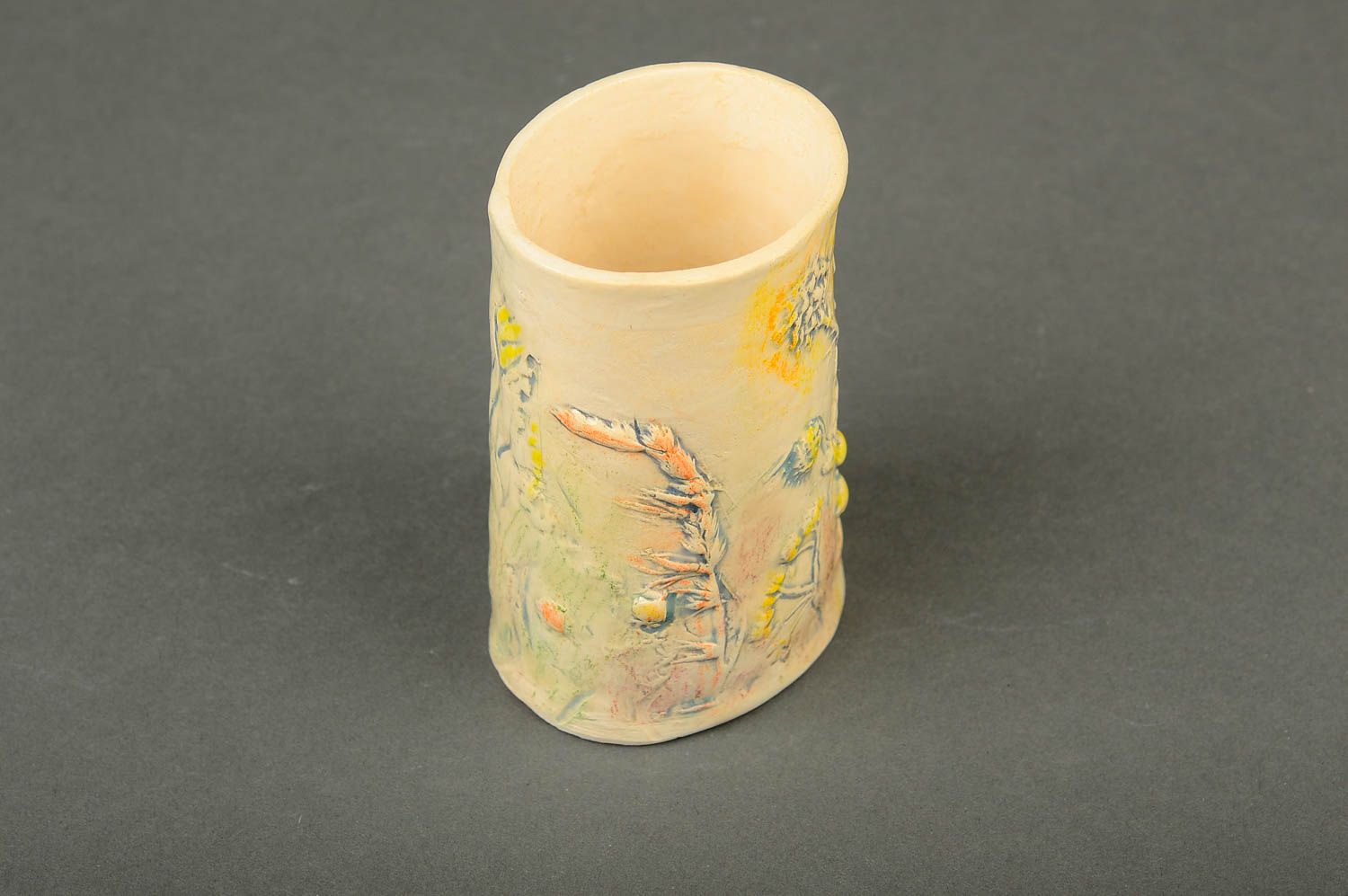 Ceramic glazed yellow color drinking cup with no handle and field flowers pattern photo 3