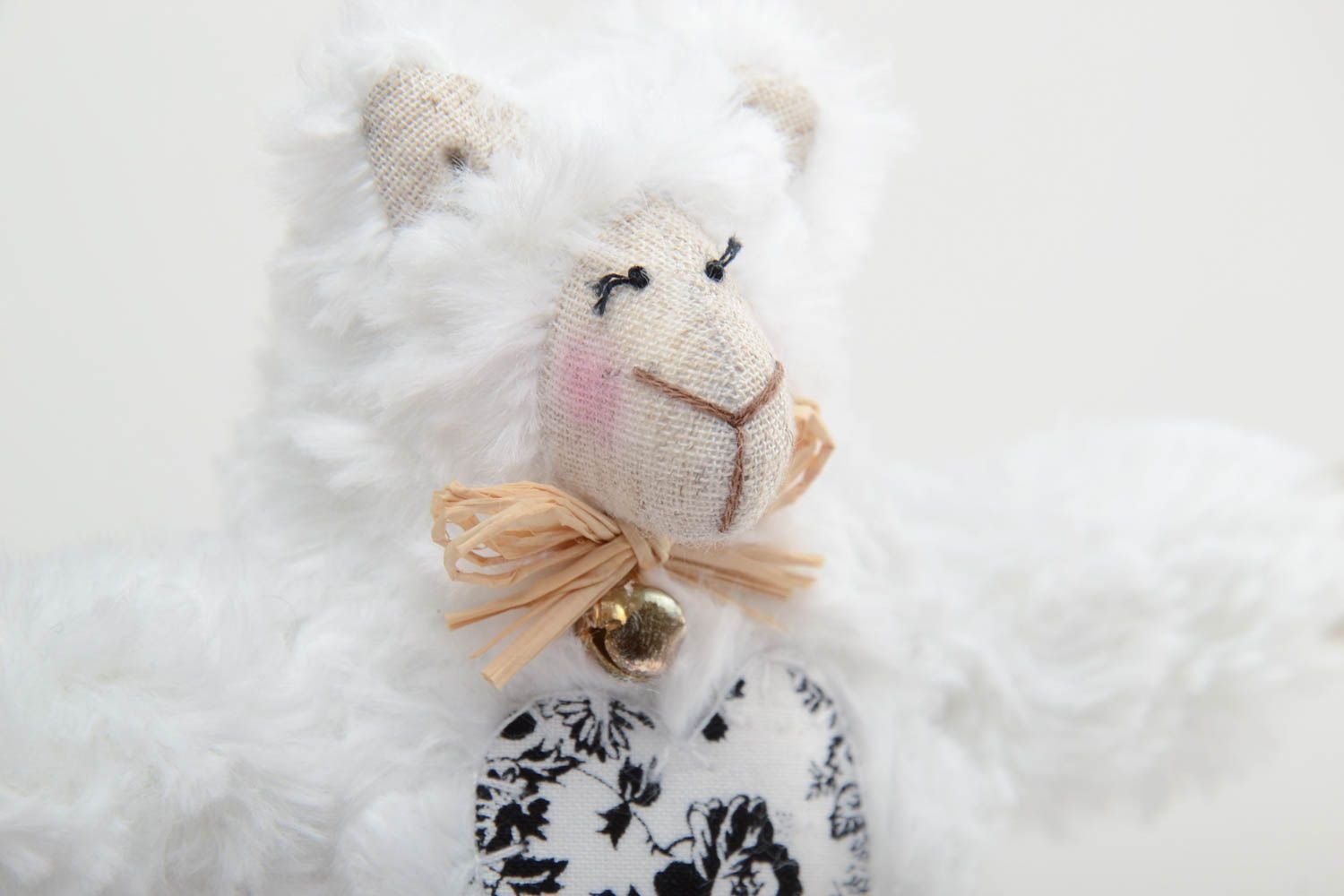 Handmade small soft toy lamb sewn of white faux fur and patterned linen fabric photo 3