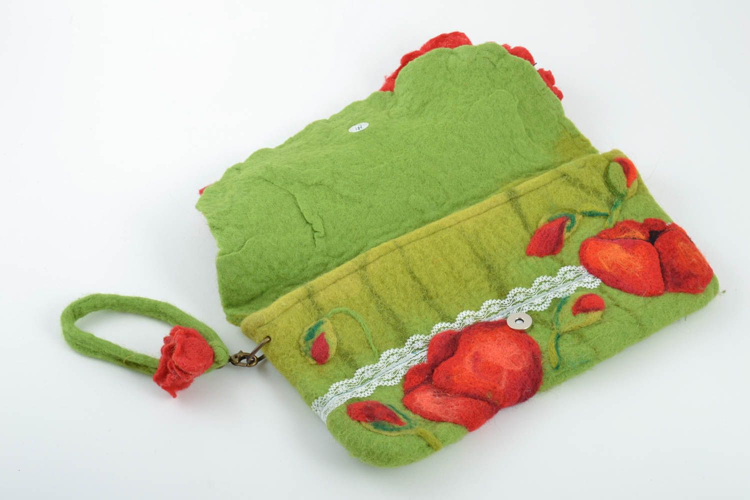Beautiful handmade green felted wool clutch bag with red poppy photo 2