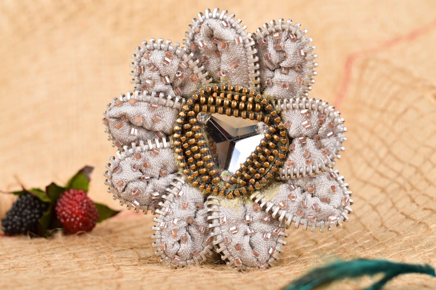 Handmade brooch flower designer accessory textile zipper brooch gift idea photo 1