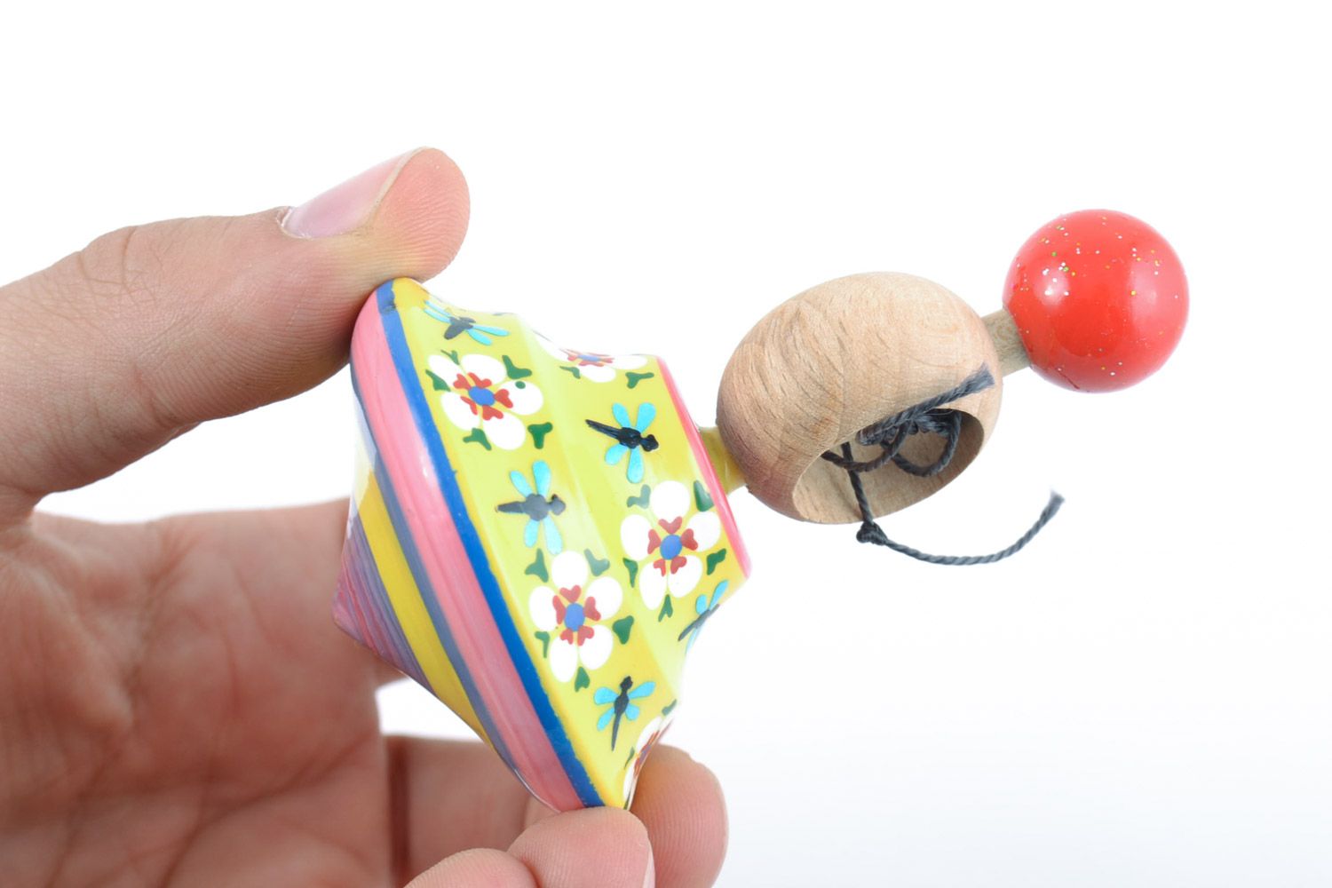 Painted handmade wooden spinning top toy for motor development present for baby photo 2