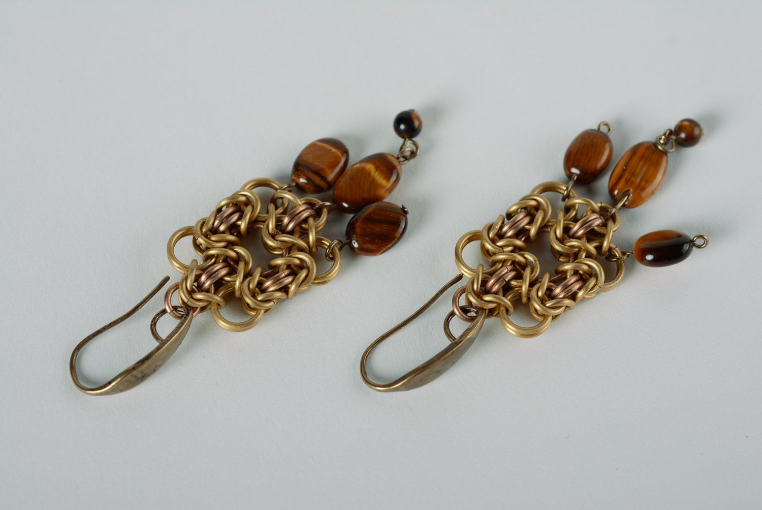 Handmade chainmaille metal earrings with tiger's eye stone photo 3