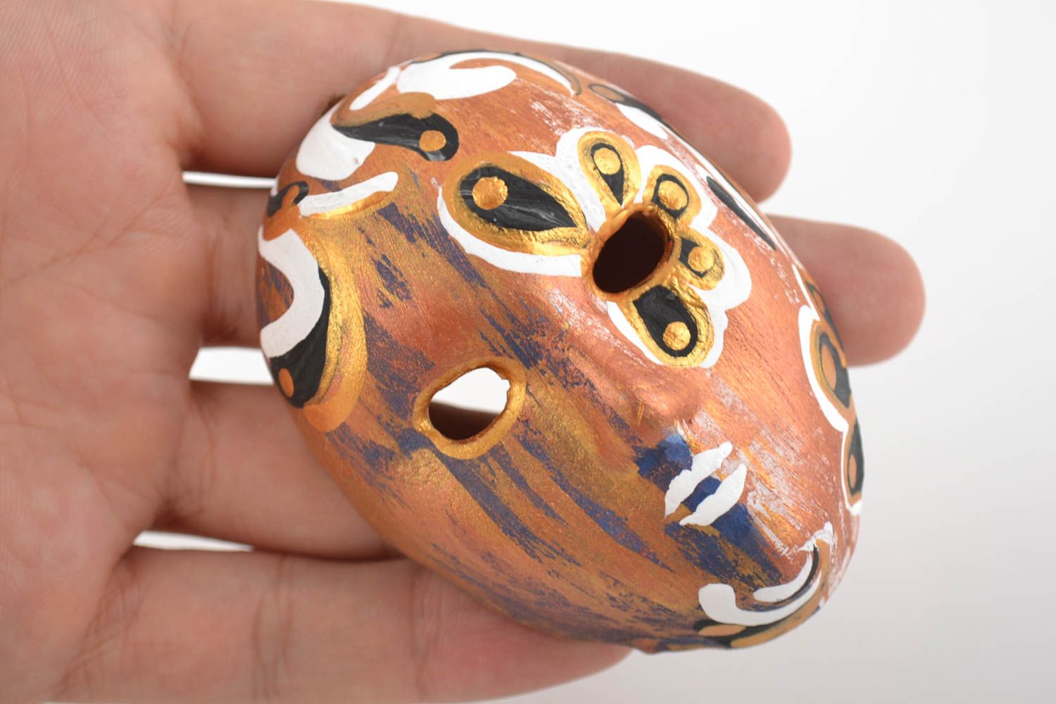 Unusual handmade small painted wall pendant mask made of clay photo 2