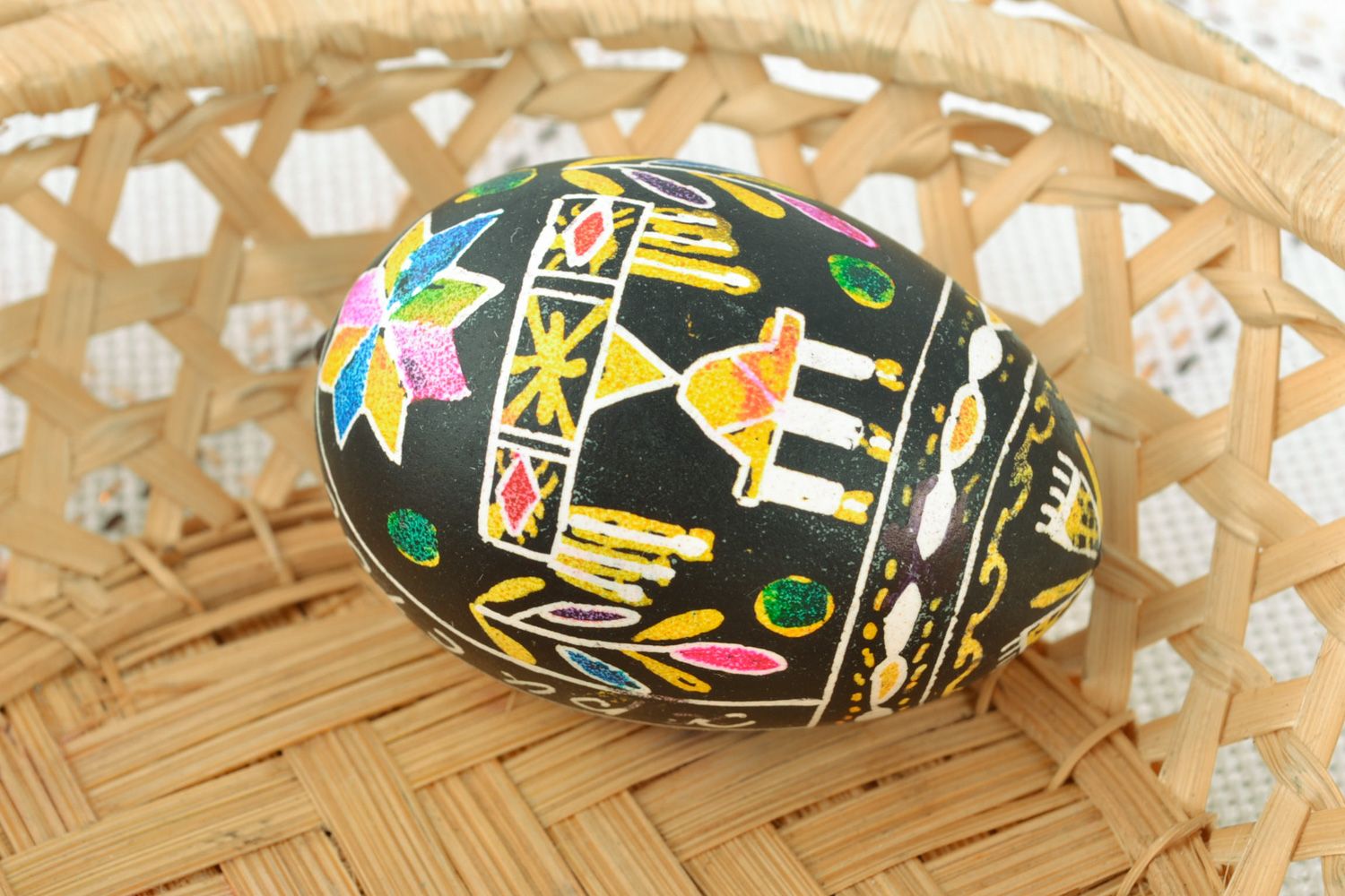 Handmade decorative egg with symbolic ornament painted using wax technique  photo 1