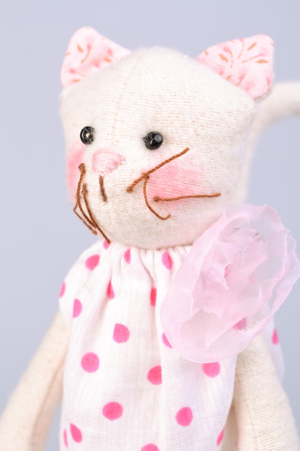 Handmade designer fabric soft toy white cat in polka dot clothing for children photo 4