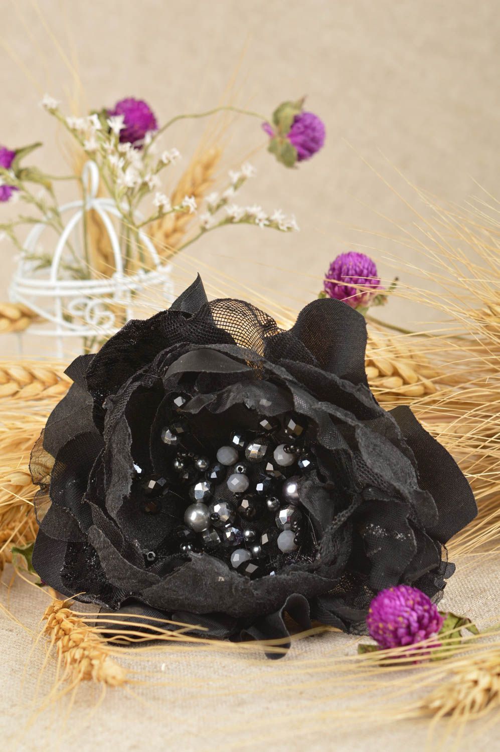 Pinza para el pelo hecha a mano broche artesanal regalo original Flor negra foto 1