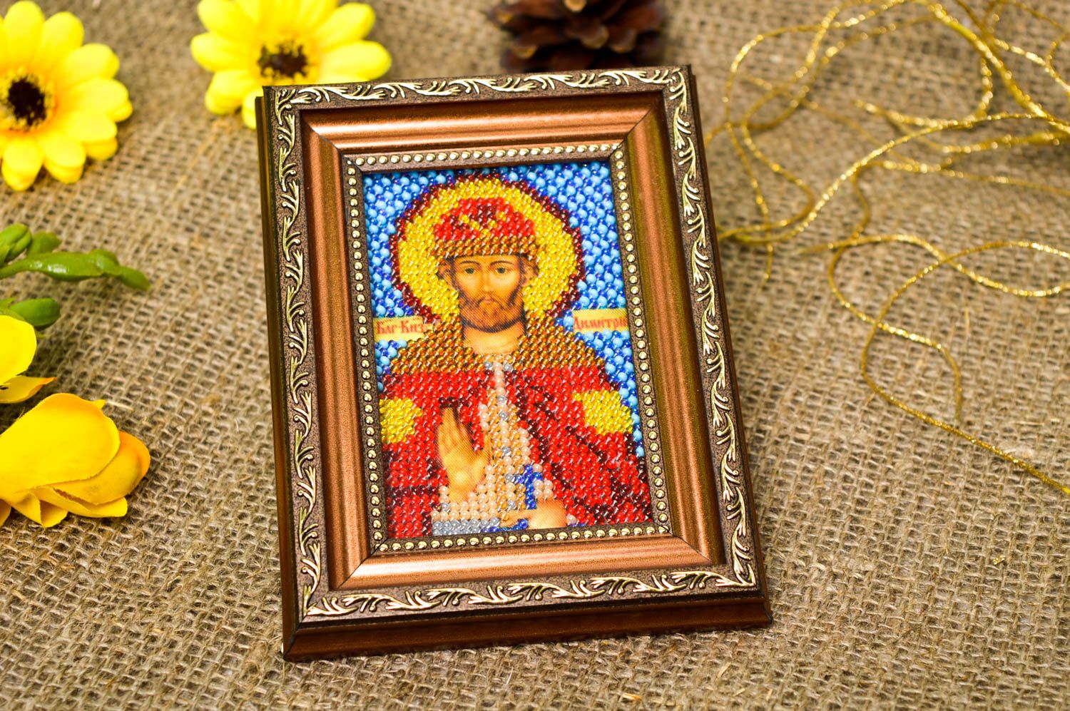 Handmade beautiful icon unusual embroidered icon beaded orthodox present photo 1