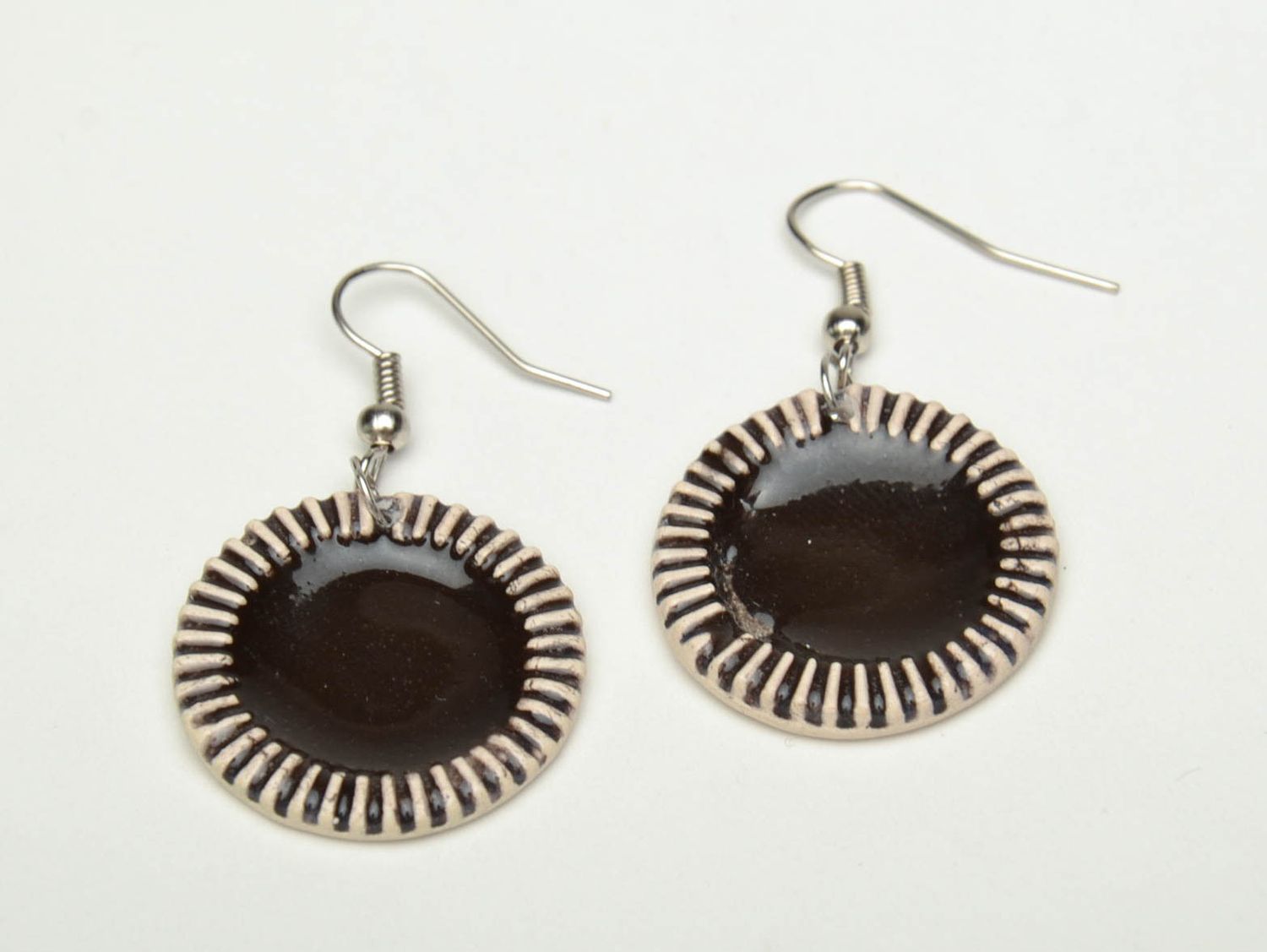 Ceramic earrings in ethnic style painted with enamels Chocolate Sun photo 2