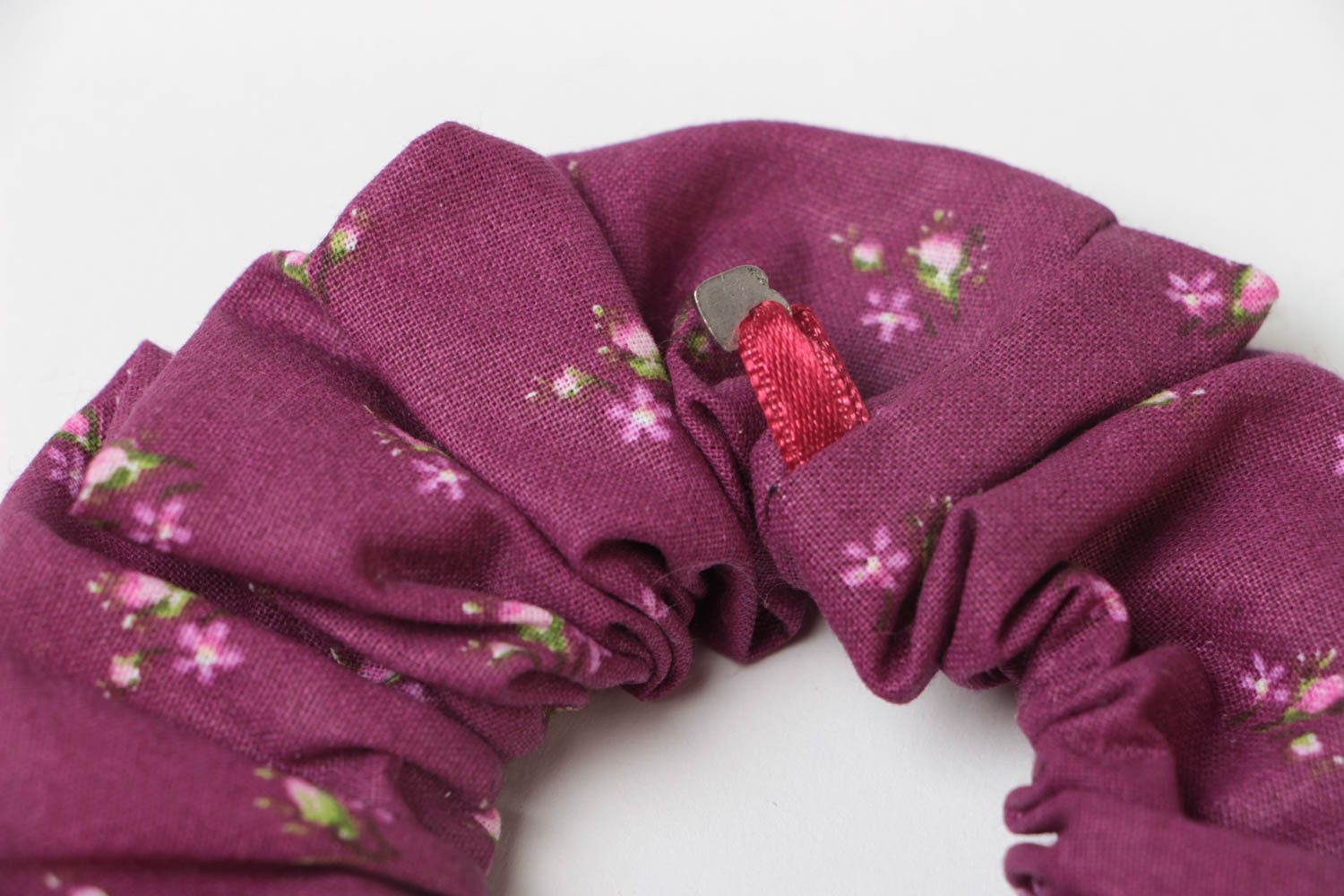 Beautiful handmade textile scrunchy of violet color with flower pattern photo 4