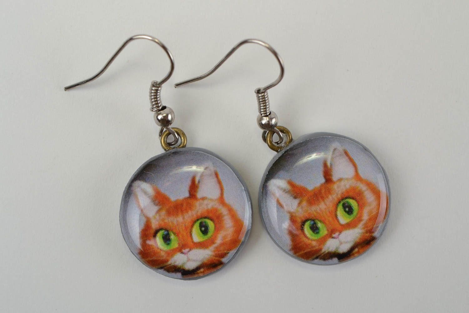 Handmade designer funny round polymer clay decoupage earrings with red cats photo 3