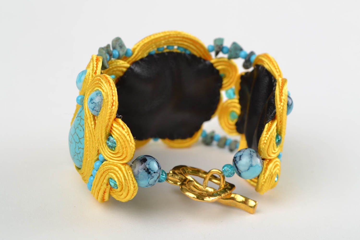 Beautiful handmade designer soutache bracelet with natural turquoise stone photo 4