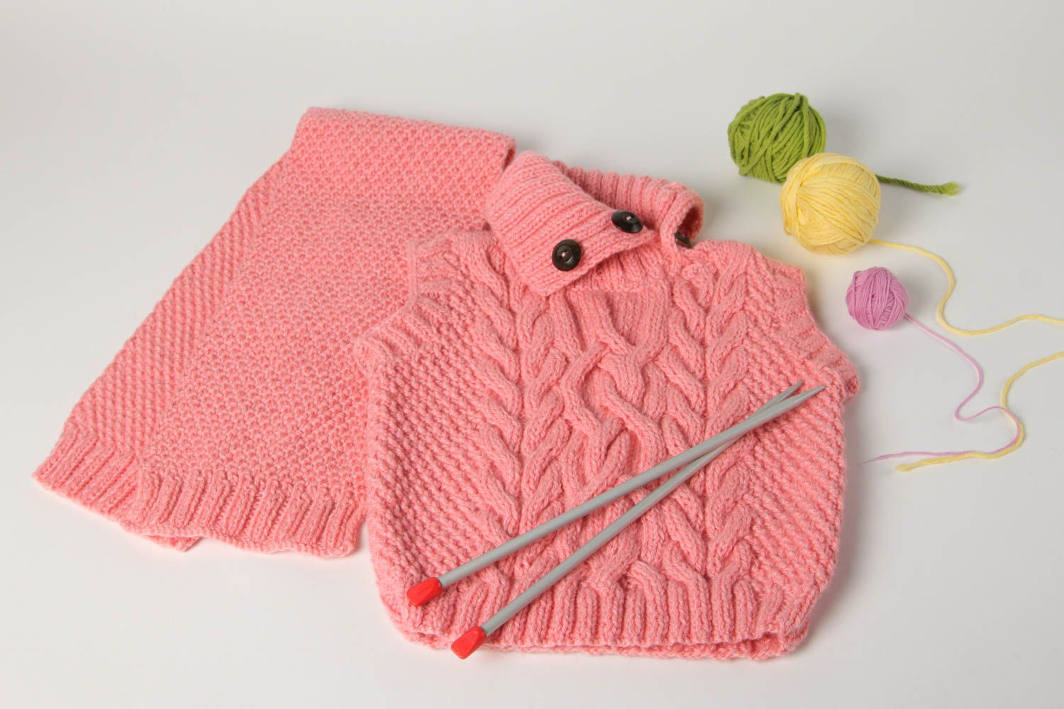 Handmade scarf pink vest knitted winter set designer warm clothes for girl photo 1