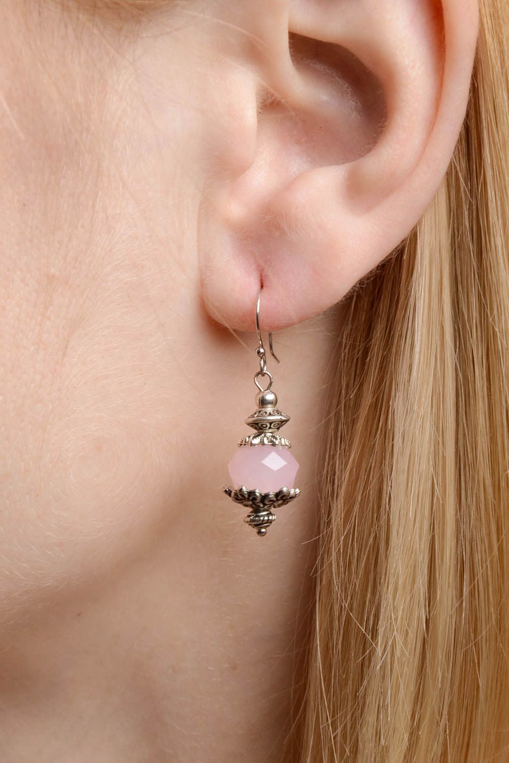 Beautiful tender cute handmade small copper earrings with synthetic pink crystal photo 2