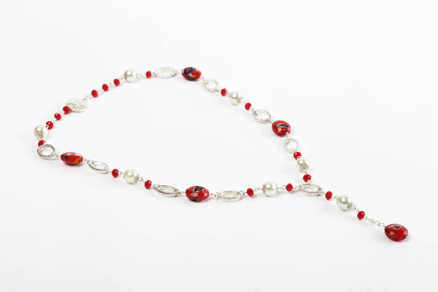 Handmade Schmuck lange Halskette Damen Accessoire Modeschmuck Collier weiß rot foto 3