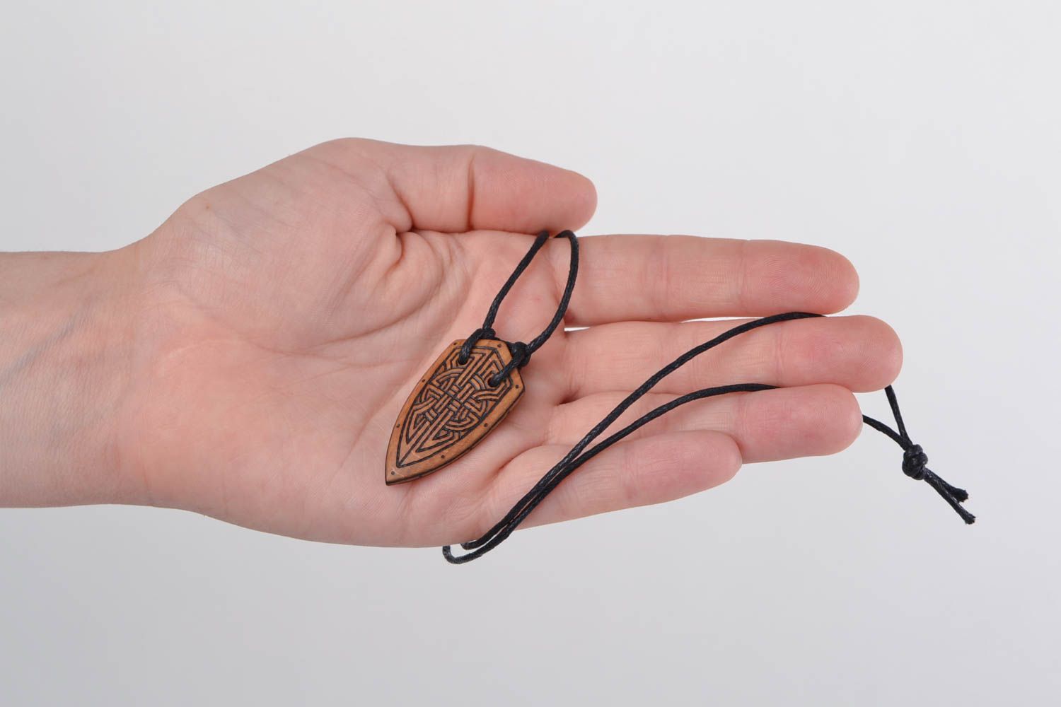Handmade unisex design wooden neck pendant with pyrography on cord photo 2