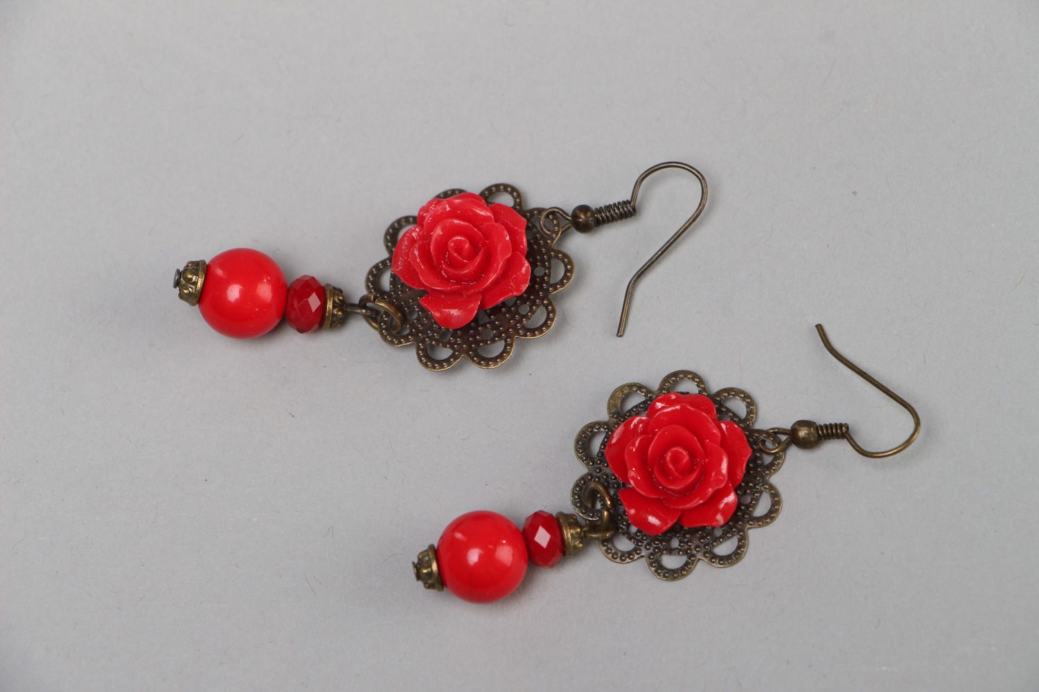 Handmade red polymer clay earrings with beads photo 1