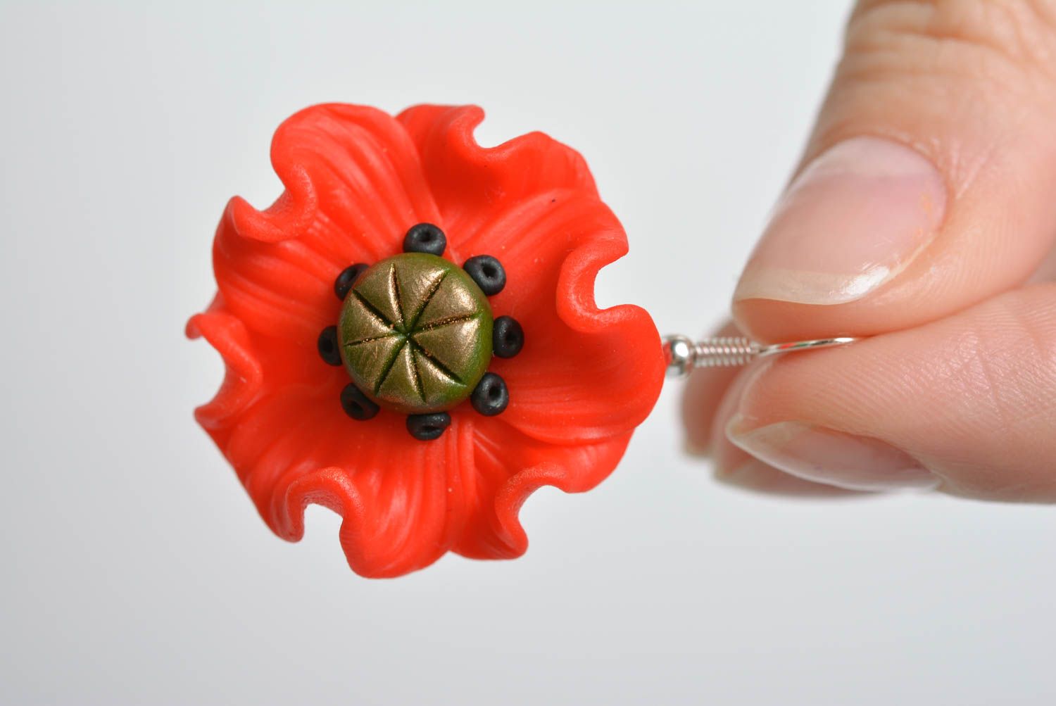 Handmade polymer clay earrings Red Poppies stylish summer long accessory photo 5