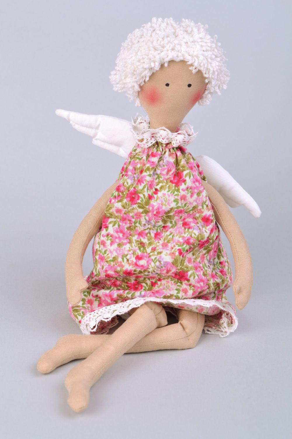 Pair of handmade designer soft dolls sewn of linen and cotton fabrics Angels photo 3