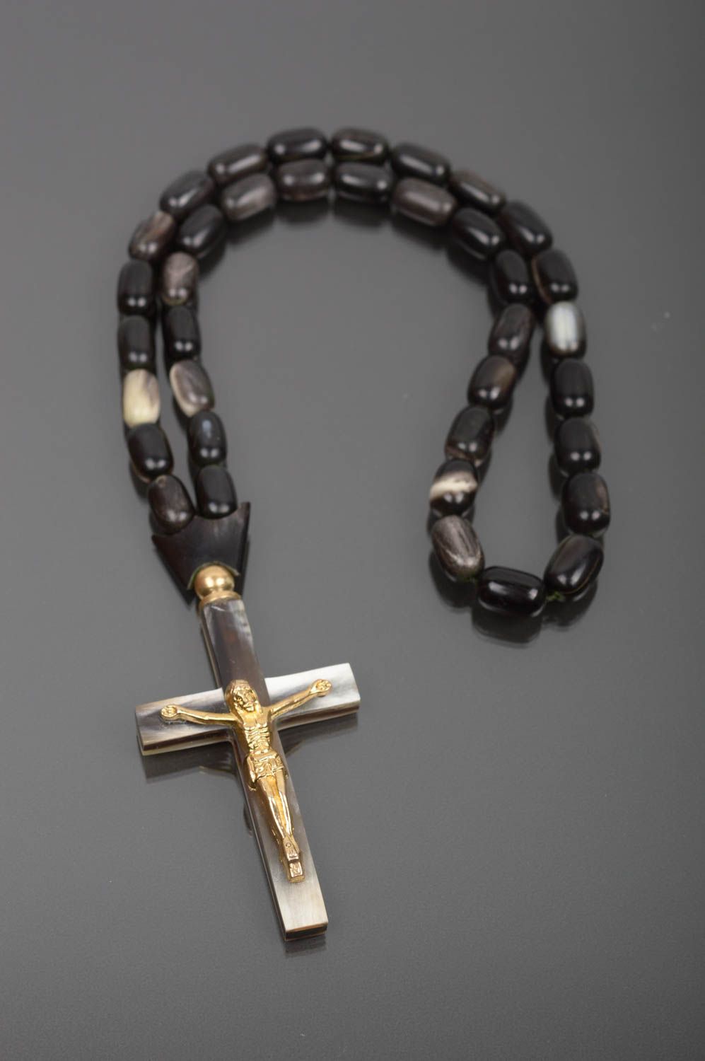 Chapelet fait main Bijou religieux de corne et bronze Cadeau original noir photo 1